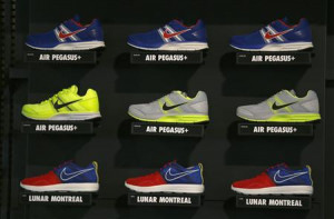 Nike running shoes are displayed at the U.S. Olympic athletics trials ...