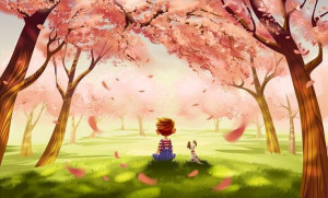 Boy and dog under cherry blossom trees cartoon illustration via www ...