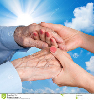 Hands Senior Man, Woman with their Caregiver summer on sunny blue sky ...