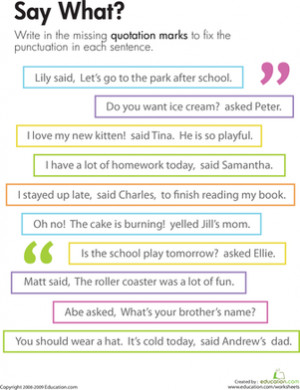 Third Grade Comprehension Punctuation Worksheets: Quotation Marks: Say ...