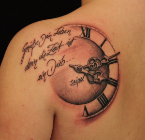 Awesome Color Banner And Clock Tattoo
