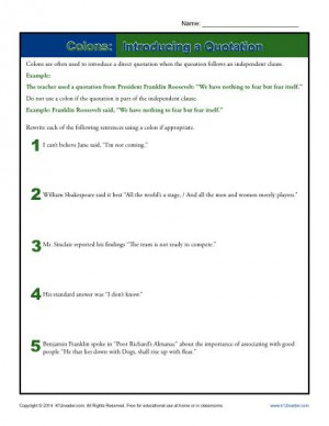Introducing a Quotation with Colons: Worksheet Practice Activity