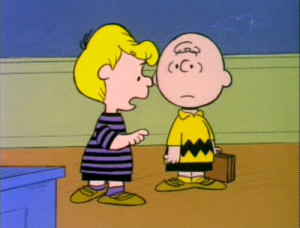 When Valentine's Day arrives, Charlie Brown brings a brief case to