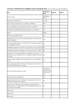 Air conditioner quote comparison sheet by MikeJenny