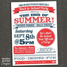 BACK TO SCHOOL - End of Summer - party invitation - Printable or ...