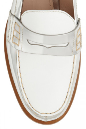 Miu Miu Two-Tone Metallic Leather Penny Loafers in White