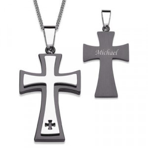 Men's Engraved Cross Pendant in Two-Tone Stainless Steel (10 ...