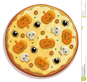 Cute funny Halloween pizza with pumpkins, skulls and spiders.
