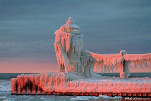 Frozen Lighthouse On Lake Michigan