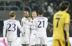 Tottenham Hotspur's players celebrate a goal scored by Jermain Defoe ...
