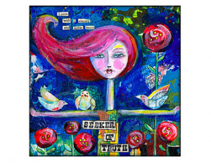 Truth Seeker Art Print of my Red Head Girl with Birds and Flowers with ...