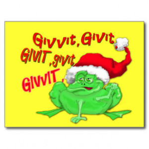 Frog cartoon with frog santa hat givit givit givit postcard