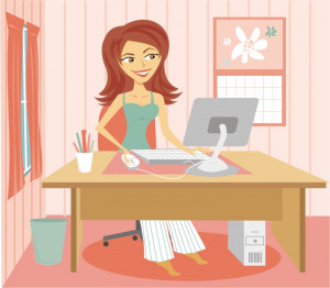 Cartoon Woman in Pajamas at Desk