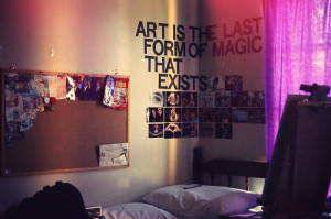 art, bed, bedroom, posters, room, text