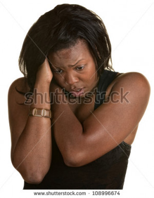 Frantic Black woman holding neck and head - stock photo