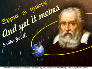 Galileo head and shoulders on starfield, w/earth in orbit around him ...