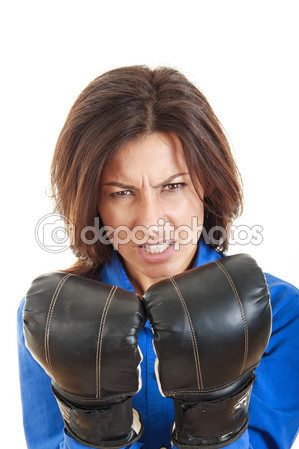 Confident young business or casual woman in boxing concept — Foto de ...