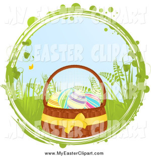 Clip Art Of A Basket Of Easter Eggs In A Grungy And Vine Circle Over