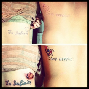 Cute! Matching tattoos, from Toy Story! To infinity and beyond ...