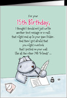 15th Birthday - Humorous, Whimsical Card with Hippo card - Product ...