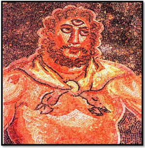Ancient Cyclops Mosaic with Third Eye in the Villa Romana, Sicily.