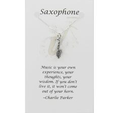 Silver Saxophone Necklace on Card with Inspirational Music Quote. $22 ...