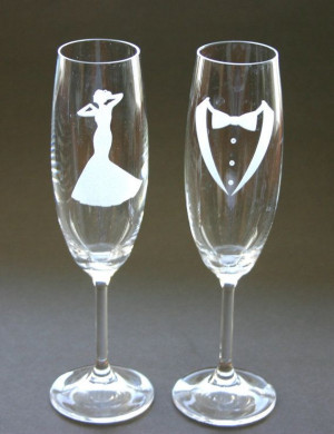 Bride and Groom Wedding Bells Champagne Flutes Toast Glasses Engraved ...