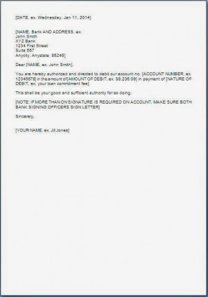 AUTHORIZATION LETTER TO BANK FOR DEBIT ACCOUNT