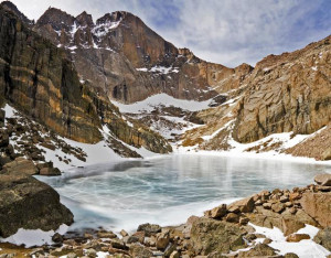 The East Face of Longs Peak towers above frozen Chasm Lake in Rocky ...