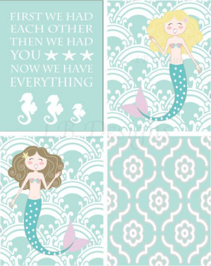 Set of 4 Aqua and White Seahorse/Mermaid Nursery by LJBrodock, $35.00