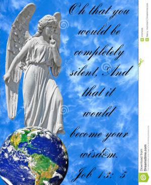 Conceptual image of an Angel on globe with a bible verse and blue sky ...