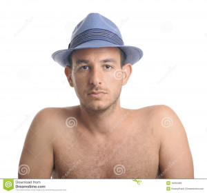 Chested Man With Blue Trilby Style Hat Isolated White Background