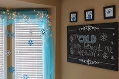 DIY chalkboard with Frozen quotes and toile swag with lights...perfect ...