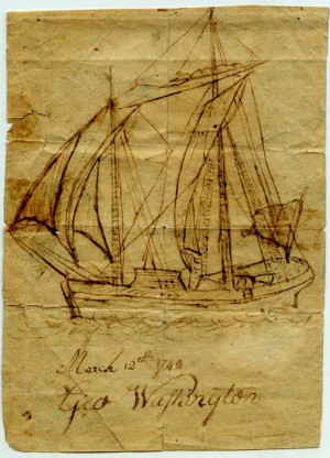 detailed ink drawing of a clipper ship signed by George Washington