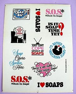 ... -1983-HALLMARK-I-LOVE-SOAPS-11-STICKERS-1-SHEET-SOAP-OPERAS-SAYINGS