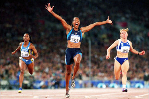 At the 2000 Sydney Olympics, Marion Jones (center) of the U.S. won ...