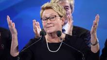 PQ leader Pauline Marois takes the stage after her party was defeated ...