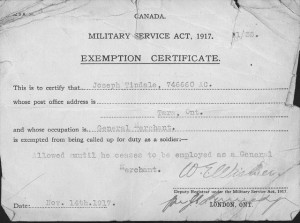 Exemption Certificate for Joseph Tindale, Tara, November 1917-a