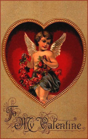 Very old Valentine card featuring a love cupid inside a red heart with ...