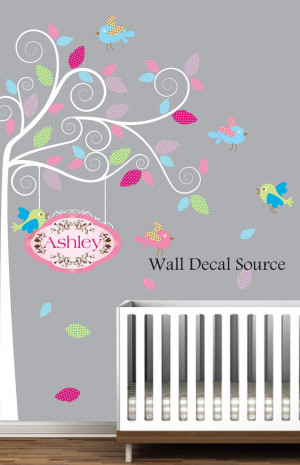 Nursery Wall Decal With Birds, Name Decal - Baby - Girls - Vinyl ...