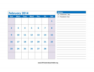 February 2014 Calendar Printable PDF | 2014 Calendar Printable