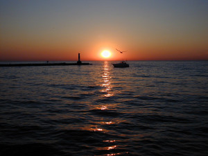 Lake Michigan Boat and bird at sunrise Kenosha Wisconsin