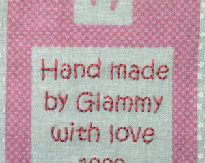 Baby Quilt Label - Pink Footprints, Custom Made & Hand Embroidered