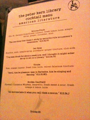 Page one of the cocktail menu at the Peter Kern Library. The quotes ...