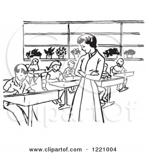 1221004-Clipart-Of-A-Black-And-White-Retro-Teacher-Watching-Children ...