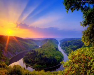 Zachód, Słońca, Promienie, Las, Rzeka