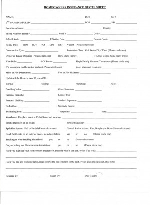 HOMEOWNERS INSURANCE QUOTE SHEET