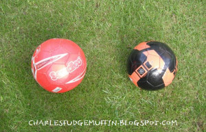 Two footballs, pictured yesterday.