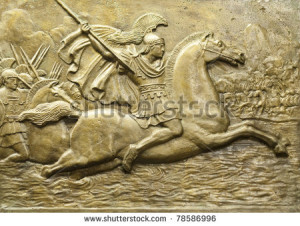 Bronze relief depicting Alexander the Great and his army in battle ...