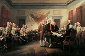 In a painting by John Trumbull entitled Declaration of Independence ...